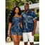 Vacation Couple Outfit 3D Faux Demin Patchwork Print Pocket Off the Shoulder Romper and Shirt Set - Bleu profond S | US 4