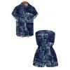Vacation Couple Outfit 3D Faux Demin Patchwork Print Pocket Off the Shoulder Romper and Shirt Set - Bleu profond S | US 4