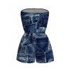 Vacation Couple Outfit 3D Faux Demin Patchwork Print Pocket Off the Shoulder Romper and Shirt Set - Bleu profond S | US 4