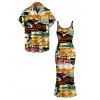 Streetwear Couple Outfit Vintage Graffiti Letter Lips Print Spaghetti Strap Maxi Bodycon Dress and Shirt Set - multicolor A S | US 4