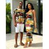 Streetwear Couple Outfit Vintage Graffiti Letter Lips Print Spaghetti Strap Maxi Bodycon Dress and Shirt Set - multicolor A S | US 4