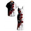 Vacation Couple Outfit Contrast Color Butterfly Rose Print Spaghetti Strap Maxi Bodycon Dress and Shirt Set - Rouge Vineux S | US 4