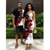 Vacation Couple Outfit Contrast Color Butterfly Rose Print Spaghetti Strap Maxi Bodycon Dress and Shirt Set - Rouge Vineux S | US 4