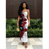 Vacation Couple Outfit Contrast Color Butterfly Rose Print Spaghetti Strap Maxi Bodycon Dress and Shirt Set - Rouge Vineux S | US 4