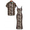 Vacation Couple Outfit Vintage Coffee Snake Skin Print Spaghetti Strap Maxi Bodycon Dress and Shirt Set - marron foncé S | US 4