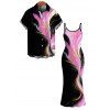 Vacation Couple Outfit Abstract Metallic Gold Ink Wash Print Spaghetti Strap Maxi Bodycon Dress and Shirt Set - Noir S | US 4