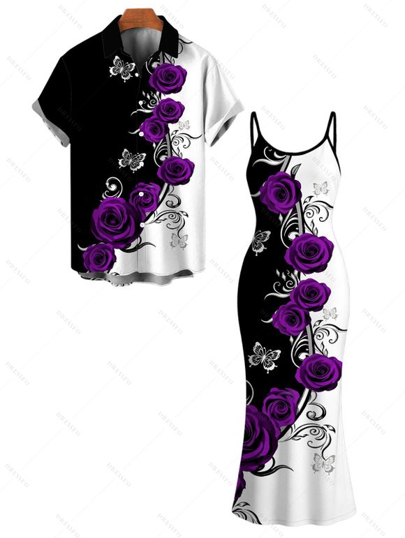 Vacation Couple Outfit Contrast Color Butterfly Rose Print Spaghetti Strap Maxi Bodycon Dress and Shirt Set - Concorde S | US 4
