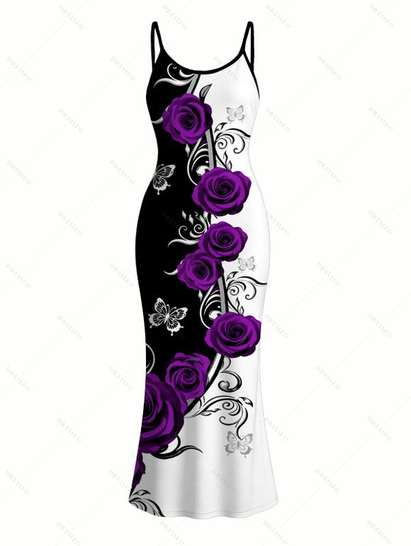 Vacation Couple Outfit Contrast Color Butterfly Rose Print Spaghetti Strap Maxi Bodycon Dress and Shirt Set - Concorde S | US 4
