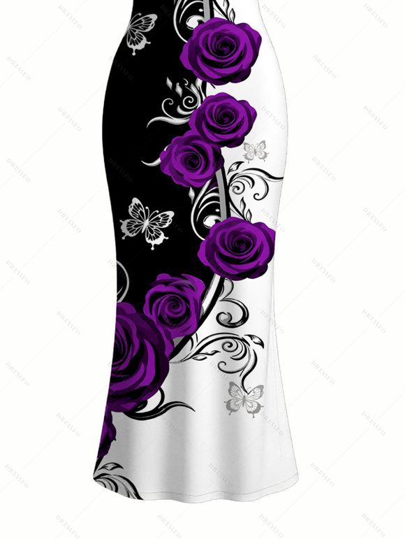 Vacation Couple Outfit Contrast Color Butterfly Rose Print Spaghetti Strap Maxi Bodycon Dress and Shirt Set - Concorde S | US 4