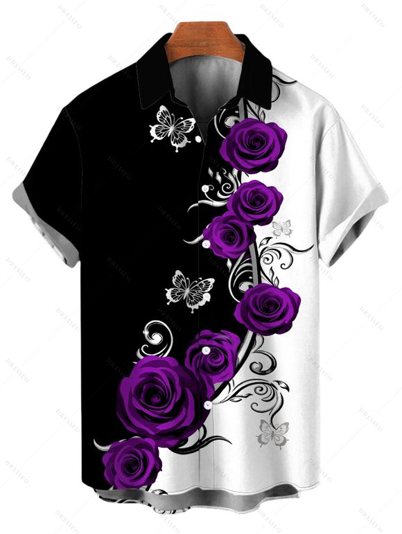 Vacation Couple Outfit Contrast Color Butterfly Rose Print Spaghetti Strap Maxi Bodycon Dress and Shirt Set - Concorde S | US 4