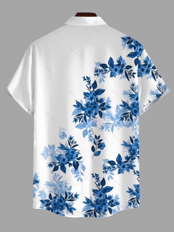 Men's Vacation Shirt Ink Wash Rose Floral Leaf Pattern Button Up Shirt - Bleu 5XL