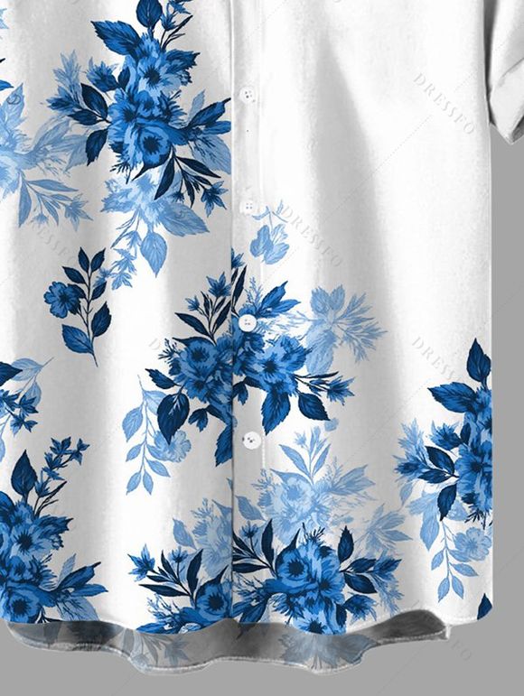 Men's Vacation Shirt Ink Wash Rose Floral Leaf Pattern Button Up Shirt - Bleu 5XL