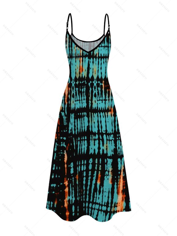 Hawaiian Vacation Dress Vertical Stripe Tie Dye Abstract Print Pocket Spaghetti Strap Midi Dress - Turquoise Foncée XXXXXL | US 20