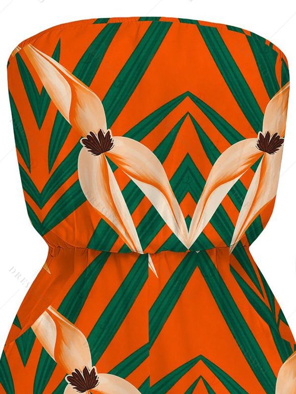 Hawaiian Vacation Romper Tropical Calla Lily Leaf Print Pocket Off the Shoulder Romper - Orange XXL | US 14