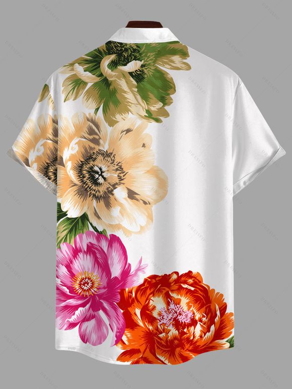 Men's Vacation Shirt Peony Floral Leaf Print Button Up Shirt - Blanc 5XL