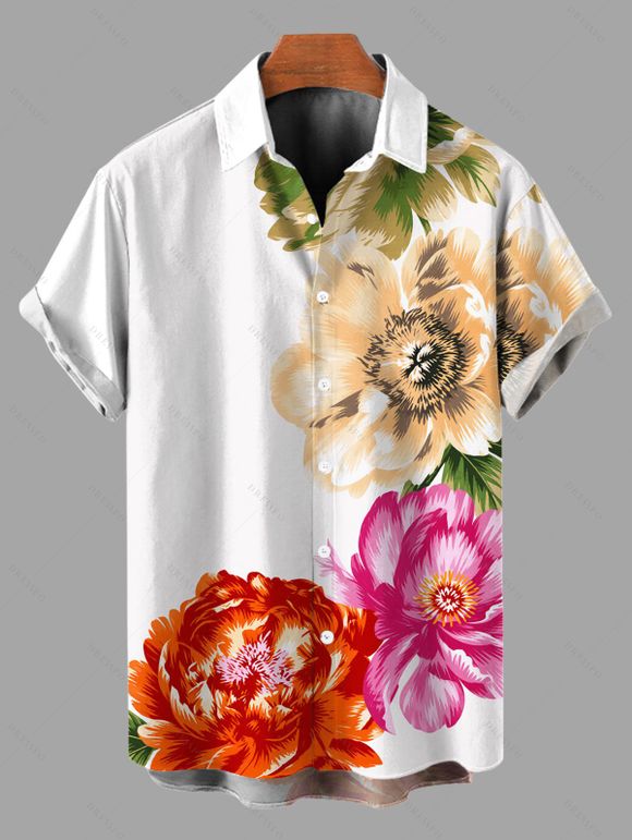 Vacation Couple Outfit Peony Floral Leaf Print Ruched Bust Mini Dress and Shirt Set - Blanc S | US 4