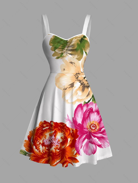 Vacation Couple Outfit Peony Floral Leaf Print Ruched Bust Mini Dress and Shirt Set - Blanc S | US 4