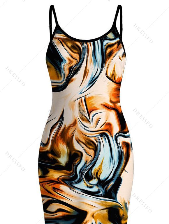 Vacation Dress Metallic Gold Fluid Marble Print Spaghetti Strap Maxi Bodycon Dress - multicolor XXL | US 14