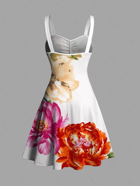 Vacation Dress Peony Floral Leaf Print Ruched Bust Mini Dress - Blanc XXXXXL | US 20