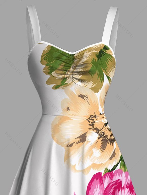 Vacation Dress Peony Floral Leaf Print Ruched Bust Mini Dress - Blanc XXXXXL | US 20