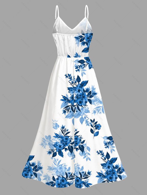 Vacation Dress Ink Wash Rose Floral Leaf Pattern Lace Hollow Out Slit Dress - Bleu XXXXXL | US 20