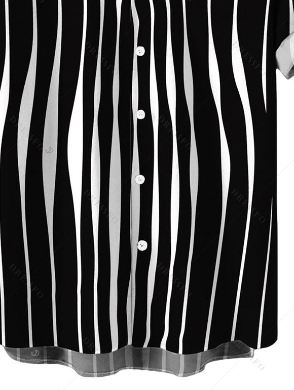 Men's Casual Shirt Distorted Vertical Wavy Stripe Print Button Up Shirt - Noir 5XL