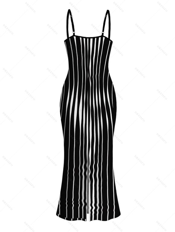 Casual Dress Distorted Vertical Wavy Stripe Print Spaghetti Strap Maxi Bodycon Dress - Noir XXL | US 14