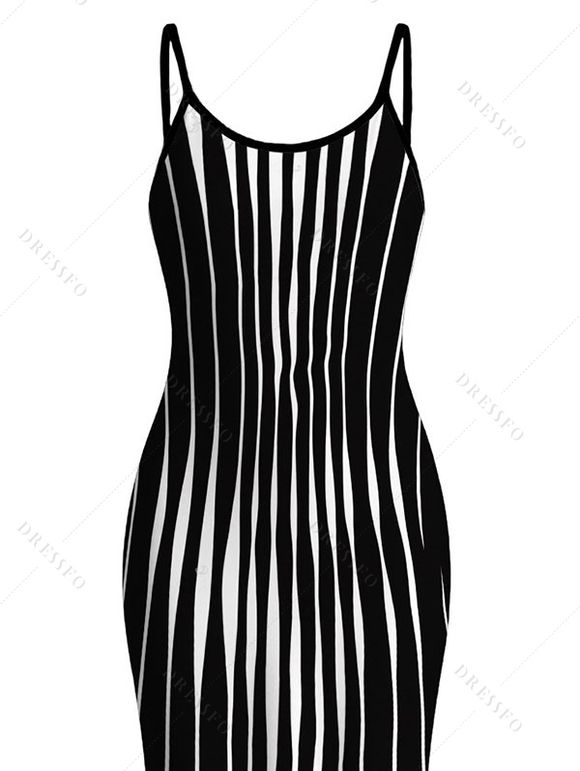 Casual Dress Distorted Vertical Wavy Stripe Print Spaghetti Strap Maxi Bodycon Dress - Noir XXL | US 14