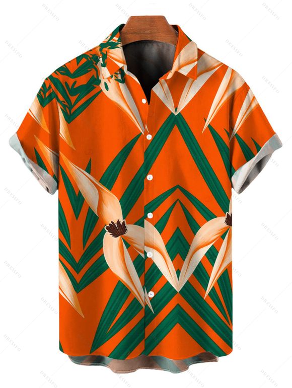 Hawaiian Vacation Couple Outfit Tropical Calla Lily Leaf Print Pocket Off the Shoulder Romper and Shirt Set - Orange S | US 4