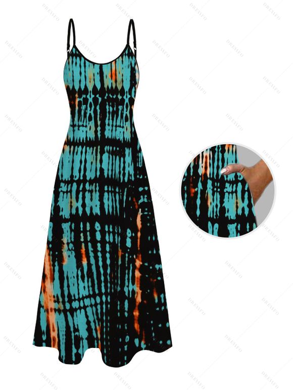 Hawaiian Vacation Couple Outfit Vertical Stripe Tie Dye Abstract Print Pocket Spaghetti Strap Midi Dress and Shirt Set - Turquoise Foncée S | US 4