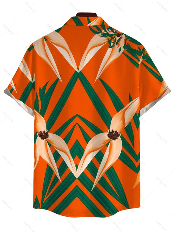 Hawaiian Vacation Couple Outfit Tropical Calla Lily Leaf Print Pocket Off the Shoulder Romper and Shirt Set - Orange S | US 4