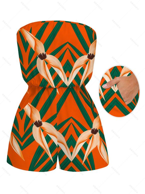 Hawaiian Vacation Couple Outfit Tropical Calla Lily Leaf Print Pocket Off the Shoulder Romper and Shirt Set - Orange S | US 4