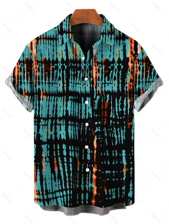Hawaiian Vacation Couple Outfit Vertical Stripe Tie Dye Abstract Print Pocket Spaghetti Strap Midi Dress and Shirt Set - Turquoise Foncée S | US 4