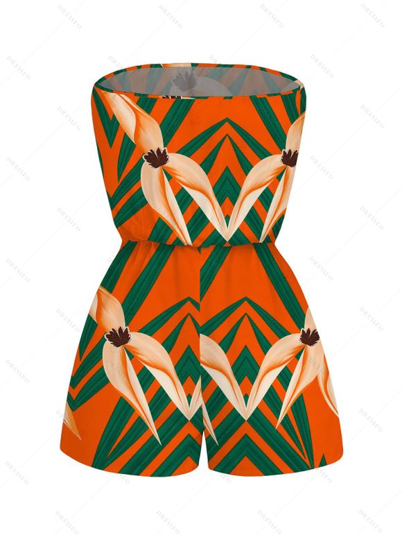 Hawaiian Vacation Couple Outfit Tropical Calla Lily Leaf Print Pocket Off the Shoulder Romper and Shirt Set - Orange S | US 4