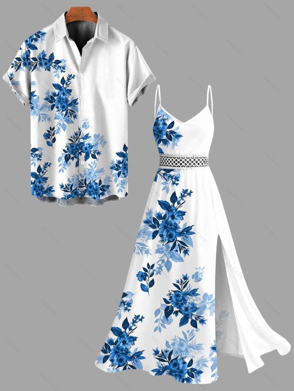 Vacation Couple Outfit Ink Wash Rose Floral Leaf Pattern Lace Hollow Out Slit Dress and Shirt Set - Bleu S | US 4