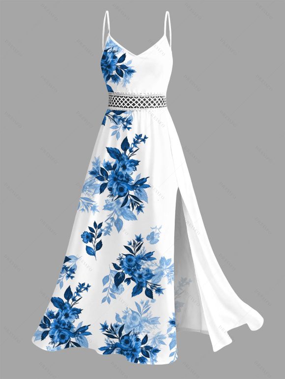 Vacation Couple Outfit Ink Wash Rose Floral Leaf Pattern Lace Hollow Out Slit Dress and Shirt Set - Bleu S | US 4