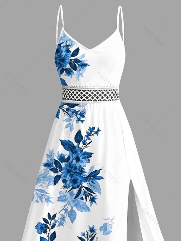 Vacation Couple Outfit Ink Wash Rose Floral Leaf Pattern Lace Hollow Out Slit Dress and Shirt Set - Bleu S | US 4