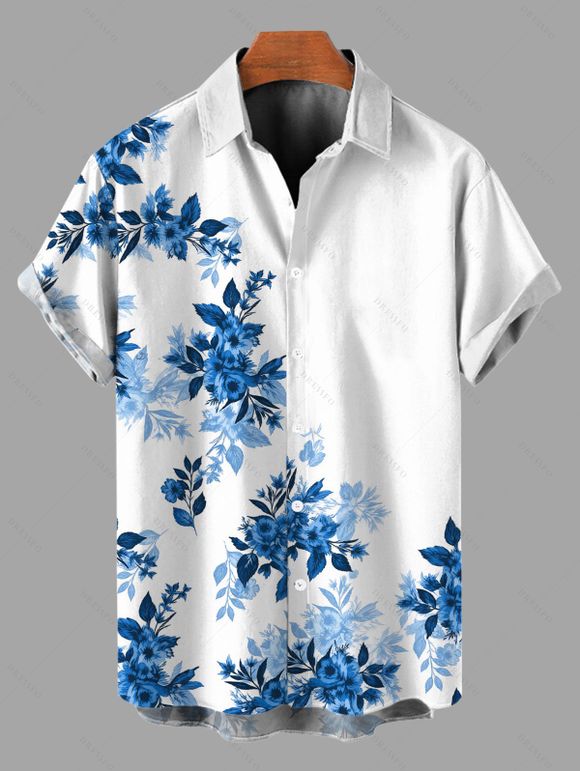 Vacation Couple Outfit Ink Wash Rose Floral Leaf Pattern Lace Hollow Out Slit Dress and Shirt Set - Bleu S | US 4