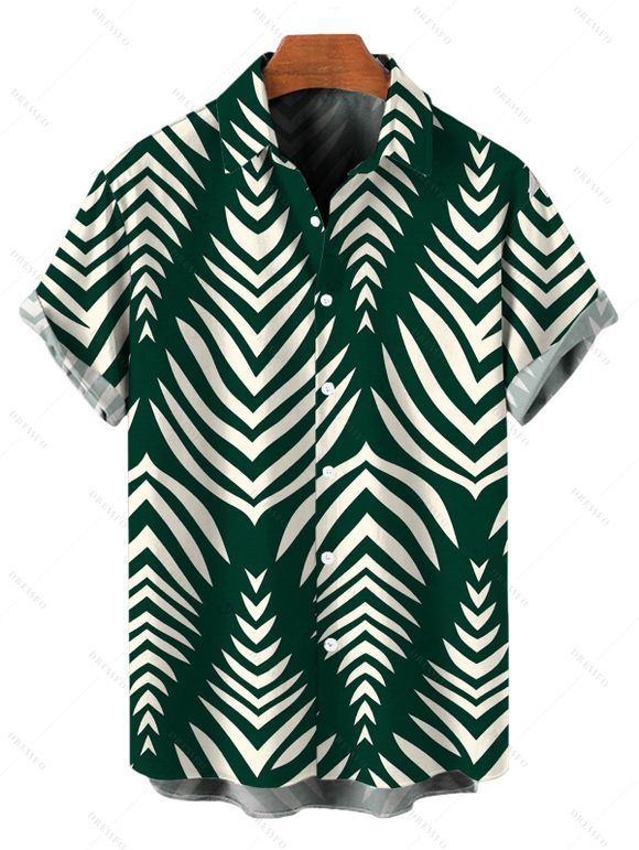 Beach Vacation Couple Outfit Serrated Palm Leaf Geometric Print Pocket Off the Shoulder Romper and Shirt Set - Vert profond S | US 4