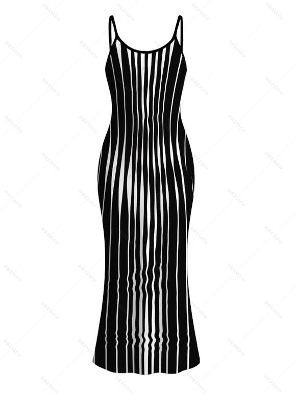 Casual Couple Outfit Distorted Vertical Wavy Stripe Print Spaghetti Strap Maxi Bodycon Dress and Shirt Set - Noir S | US 4
