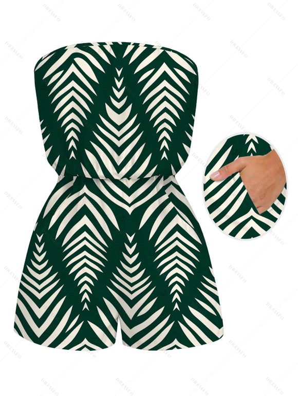 Beach Vacation Couple Outfit Serrated Palm Leaf Geometric Print Pocket Off the Shoulder Romper and Shirt Set - Vert profond S | US 4