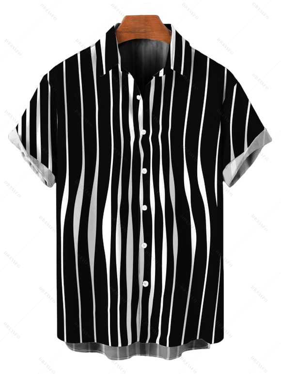 Casual Couple Outfit Distorted Vertical Wavy Stripe Print Spaghetti Strap Maxi Bodycon Dress and Shirt Set - Noir S | US 4