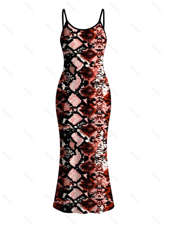 Vintage Couple Outfit Animal Snake Print Spaghetti Strap Maxi Bodycon Dress and Shirt Set - Rouge foncé S | US 4