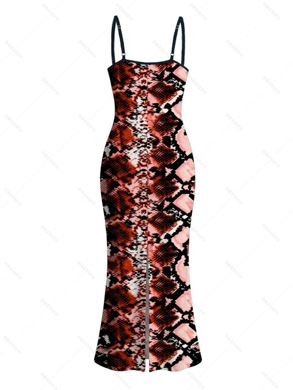 Vintage Couple Outfit Animal Snake Print Spaghetti Strap Maxi Bodycon Dress and Shirt Set - Rouge foncé S | US 4