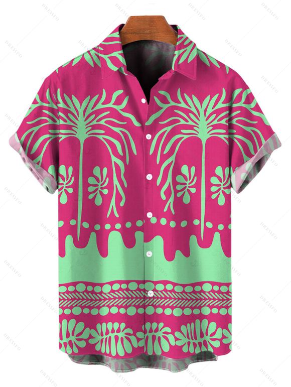 Beach Vacation Couple Outfit Palm Tree Ethnic Tribal Print Pocket Off the Shoulder Romper and Shirt Set - Rose Vif S | US 4