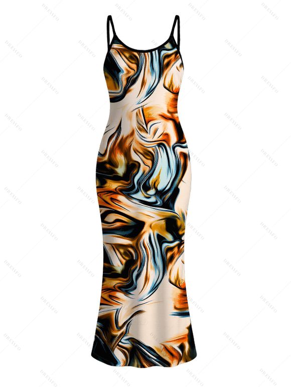 Vintage Couple Outfit Metallic Gold Fluid Marble Print Spaghetti Strap Maxi Bodycon Dress and Shirt Set - multicolor S | US 4