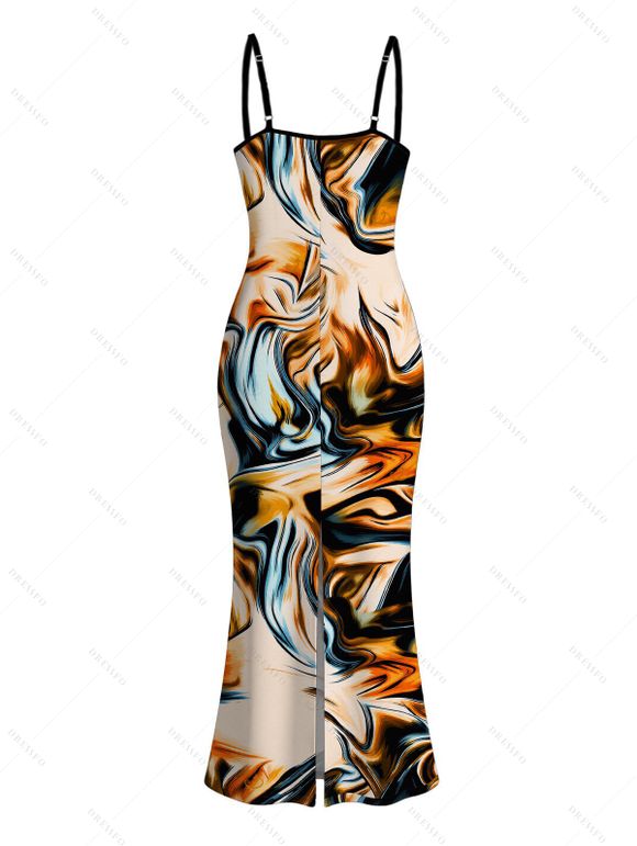 Vintage Couple Outfit Metallic Gold Fluid Marble Print Spaghetti Strap Maxi Bodycon Dress and Shirt Set - multicolor S | US 4