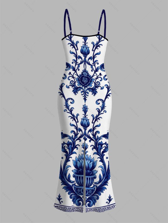 Vacation Dress Porcelain Lotus Floral Print Spaghetti Strap Maxi Bodycon Dress - Bleu XXL | US 14