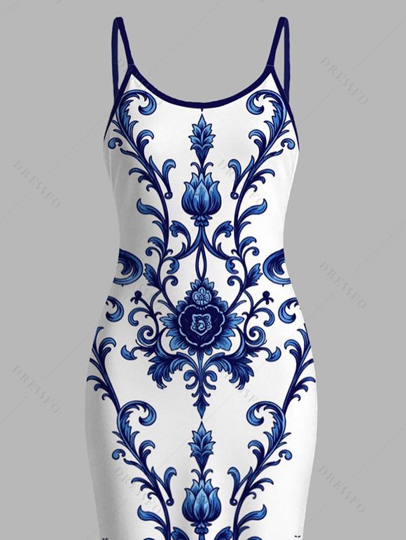 Vacation Dress Porcelain Lotus Floral Print Spaghetti Strap Maxi Bodycon Dress - Bleu XXL | US 14