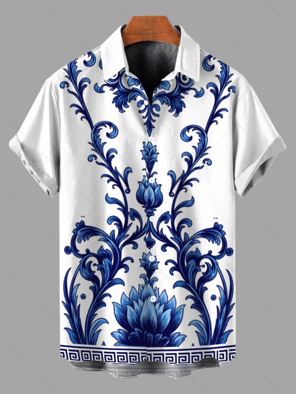 Vacation Couple Outfit Porcelain Lotus Floral Print Spaghetti Strap Maxi Bodycon Dress and Shirt Set - Bleu S | US 4